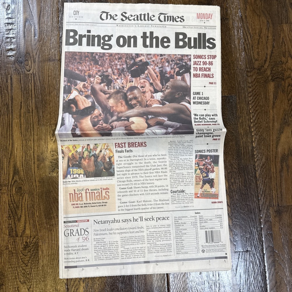 Seattle SuperSonics 96 NBA Finals Newspaper Bring on the Bulls Seattle Times NEW
